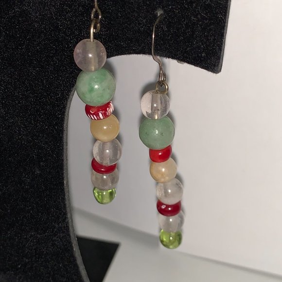 Coral, Jade, and Quartz Dangle Earrings - Picture 3 of 6